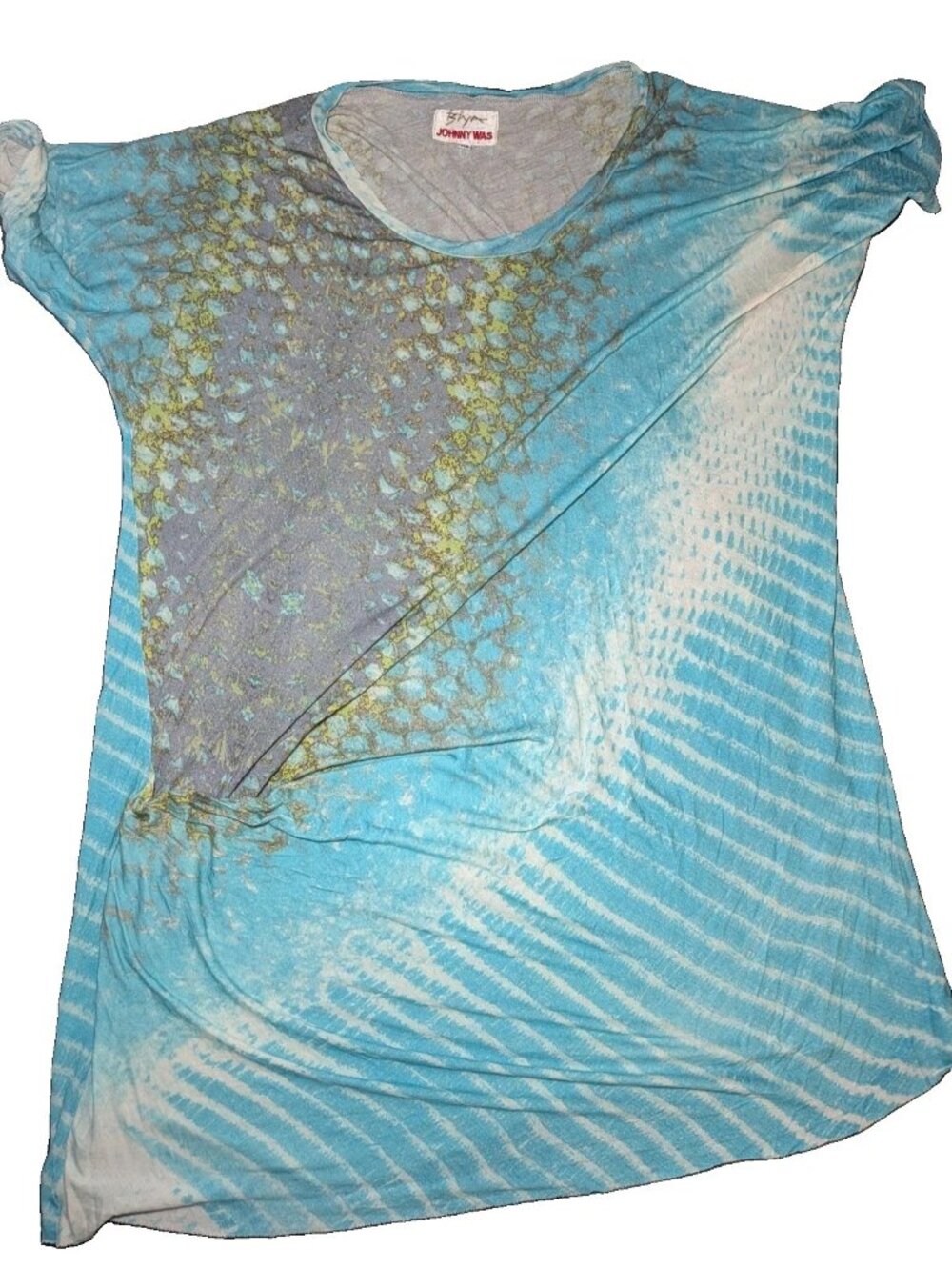 Johnny Was Biya Tunic Turquoise Grey Snakeskin Womens XS Asymmetrical Hem Boho